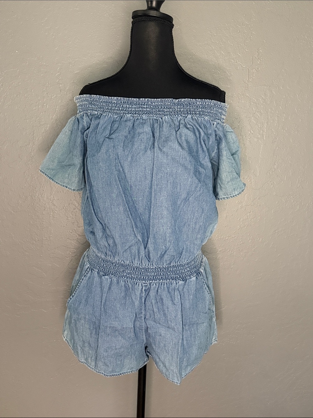 Derek Heart Light Blue Off-Shoulder Denim Romper